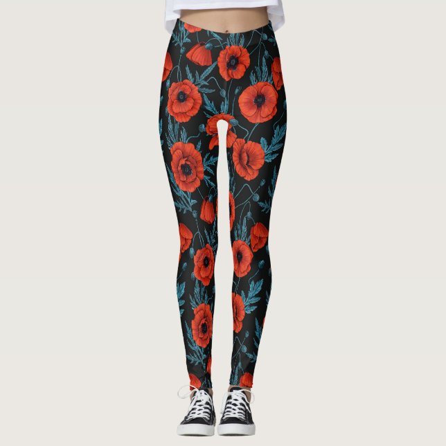 Paprika, röd och blå på svart leggings (Framsida)