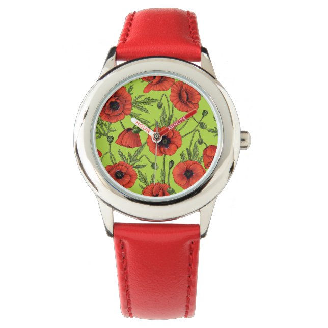 Paprika, rött och grönt på kalkgrönt armbandsur (Framsida)