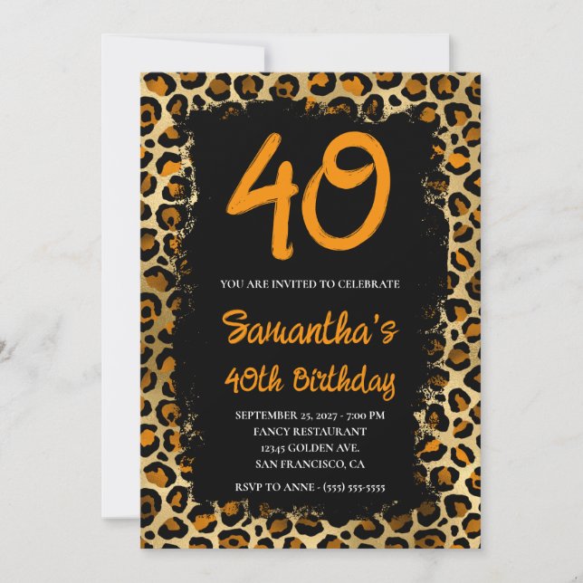 Paprikan Guld Leopard Pawarded Black 40:e födelsed Inbjudningar (Framsida)