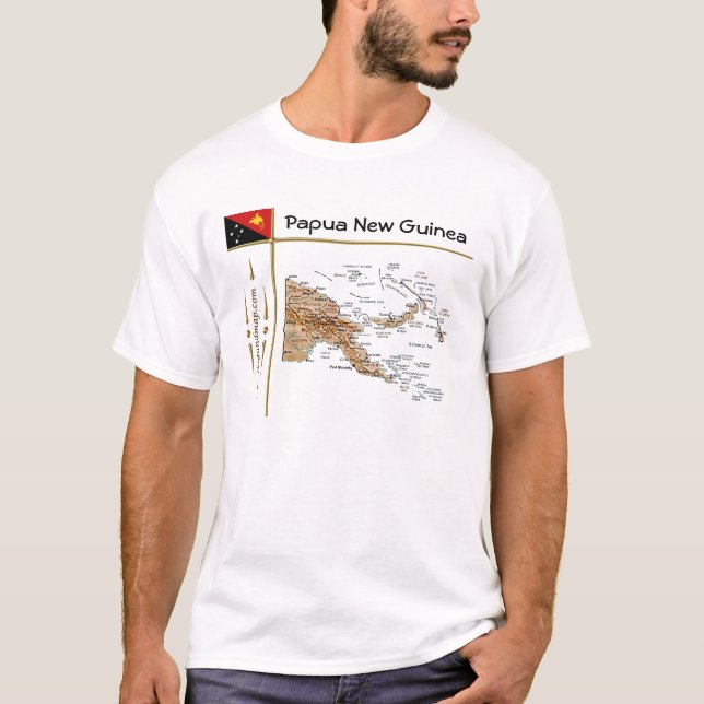 Papua Nya Guinea Karta + Flagga + Avdelning T-Shir T-shirt (Framsida)