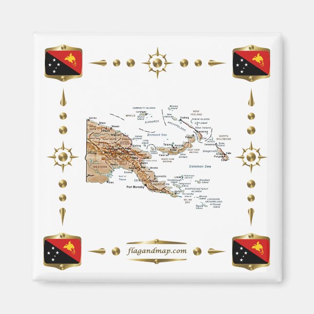 Papua Nya Guinea Karta + Flaggor Magnet (Framsidan)