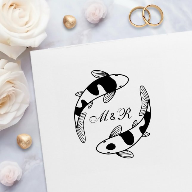 Par av japanska karpfiskar Bröllopsmonogram Självfärgande Stämpel (Skapare uppladdad)