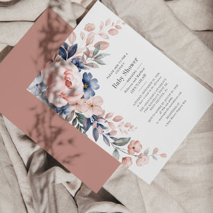 Par Baby Shower Bloom Blommigt Blue Rosa Inbjudningar