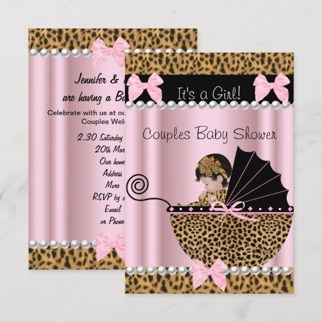 Par Baby Shower Cute Girl Rosa Leopard Inbjudningar (Fram/baksida)