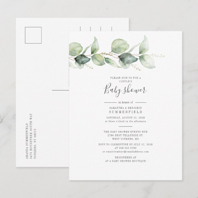 Par Baby Shower Eucalyptus Greenery Löv Inbjudan Vykort (Fram/baksida)