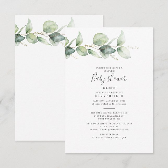 Par Baby Shower Eucalyptus Greenery Löv Inbjudningar (Fram/baksida)