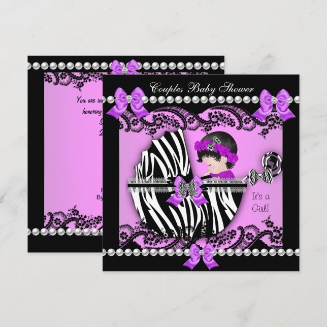 Par Baby Shower Girl Zebra Lila Inbjudningar (Fram/baksida)