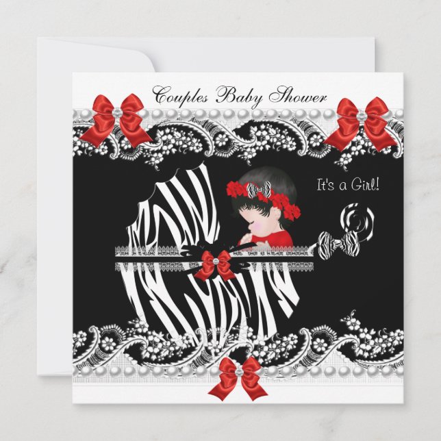 Par Baby Shower Girl Zebra Red Snöre Black Inbjudningar (Framsida)
