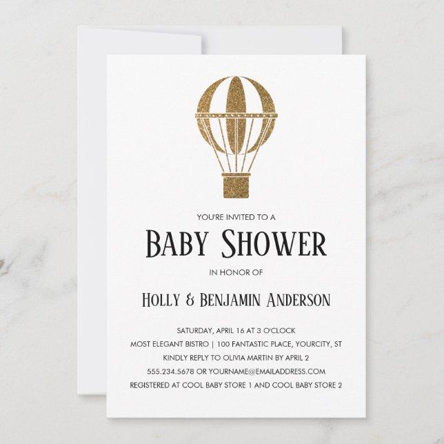 Par Baby Shower Guld Glitter, Luftballong Inbjudningar (Framsida)