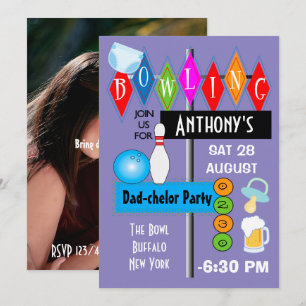Par Baby Shower Pappa-chelor Retro Bowling Party Inbjudningar