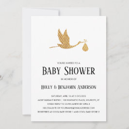 Par Baby Shower Preppy Guld Stork w/Bundle Inbjudningar
