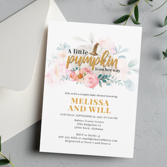 Par Baby Shower Pumpkin Watercolor Blommigt Inbjudningar (Little Pumpkin Couples Floral Baby Shower Invitation)