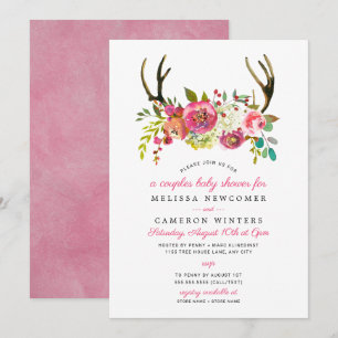 Par Baby Shower, rosa blommigt antlers inbjudan