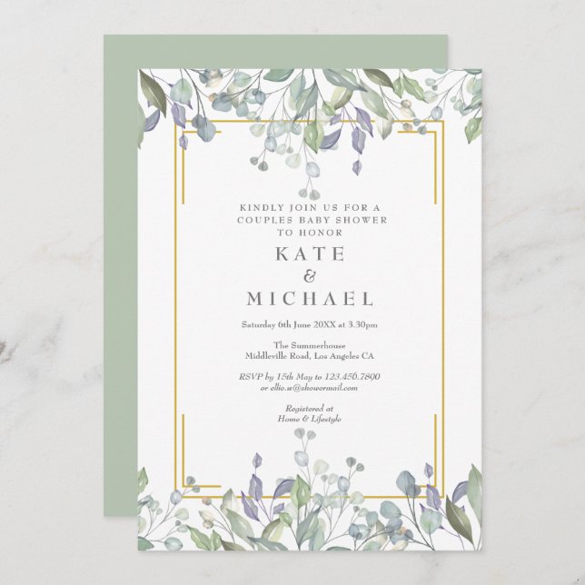 Par Baby Shower/Sprinkle, Blommigt för vattenfärg Inbjudningar (Fram/baksida)