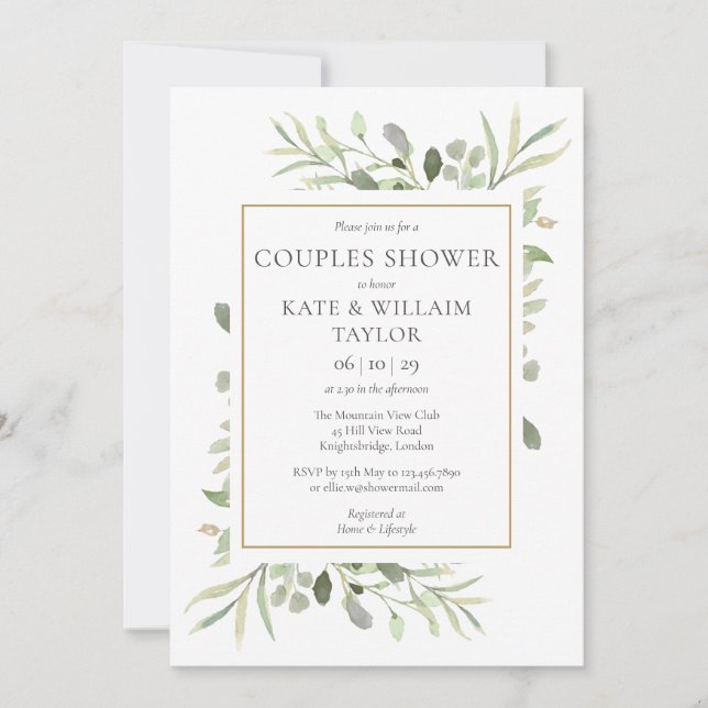 Par Baby Shower Watercolor Greenery Inbjudningar (Framsida)