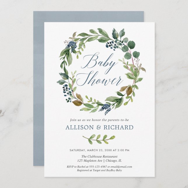 Par babydusch, könsneutral grönblå inbjudningar (Fram/baksida)