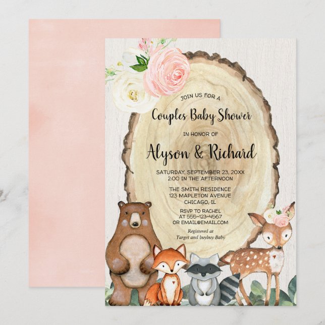 Par babyduschflicka rosa skogsdjur inbjudningar (Fram/baksida)