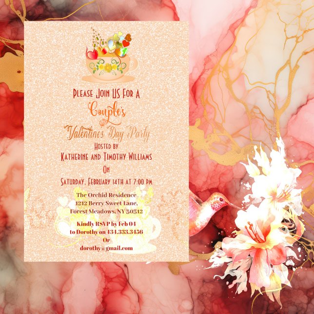 Par Blommigt Hearts Tekopp Valentines day Party Inbjudningar (Couples Floral Hearts Teacup Valentines Day Party Invitation)