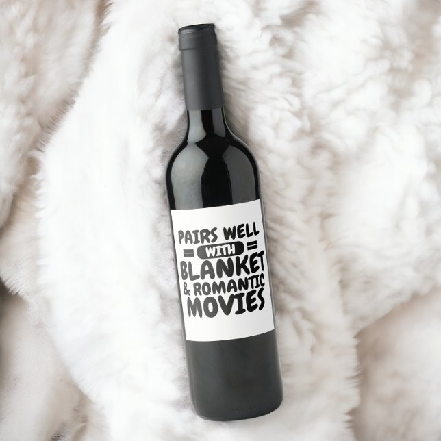 Par bra med filt och dina favoritfilmer vinflaska etikett (Pairs well with blanket and your favorite movies wine labels from Ricaso. Change movie genre to suit)