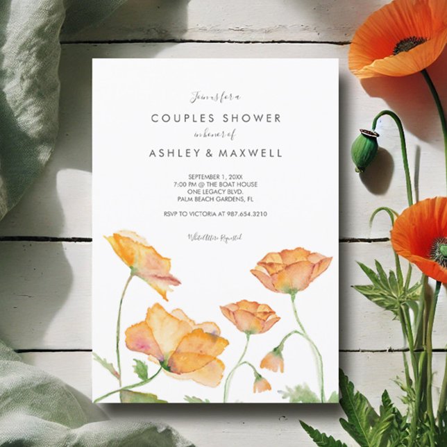 Par Dusch Orange Blommig Akvarell Vallmo Inbjudningar (Couples shower invitations watercolor orange poppy flowers by Victoria Grigaliunas Do Tell A Belle)