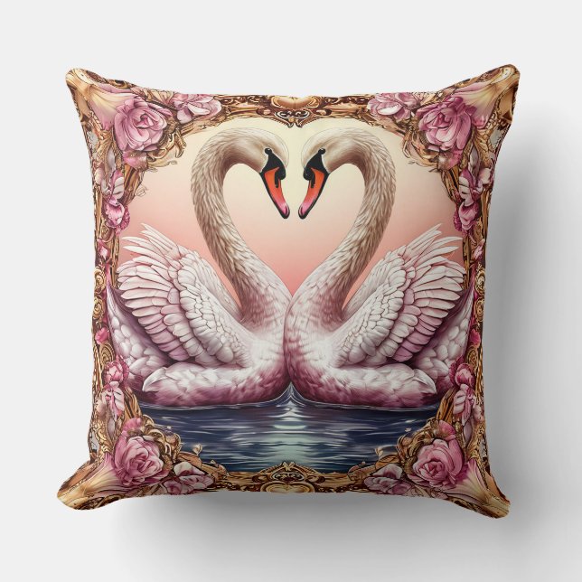 Par Eleganta Svanar Inramade av Rosor Kudde (Framsida)