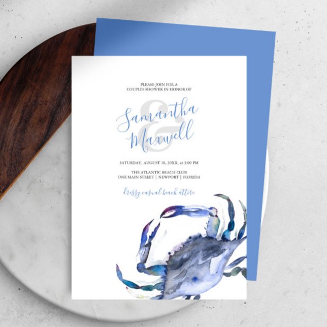 Par för blått kustkrabba med vattenfärg (Bridal shower invitations watercolor blue crab art by Victoria Grigaliunas Do Tell A Belle)