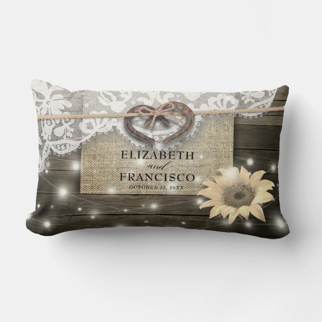 Par Hästs sko Hjärt Slingor Solros Trä Bröllop Lumbarkudde (Framsida)