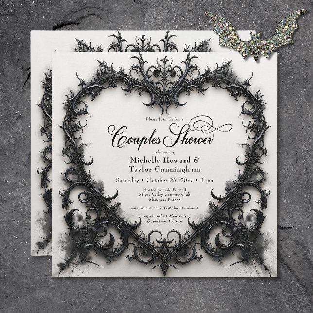 Par i gotin Black & White Filigree Heart Shower Inbjudningar (Gothic Black & White Filigree Heart Couples Shower Invitation)