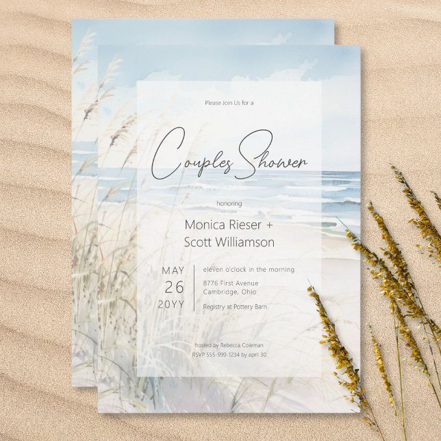 Par i Modern sjö- och vattenfärgsblad Inbjudningar (Modern Seaside Watercolor Beach Couples Shower Invitation)