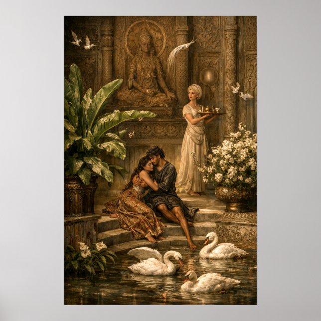 Par i svanträdgård Retro orientalism Poster (Framsidan)