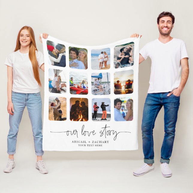 par KÄRLEK STORY 12 Photo Collage Namn Anpassnings Fleecefilt (På plats)
