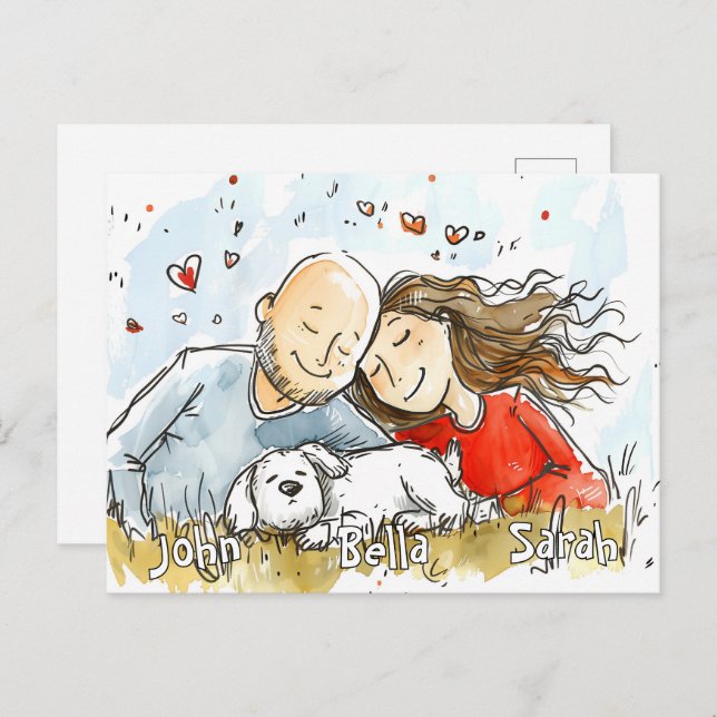 Par med vit valp vykort (Fram/baksida)