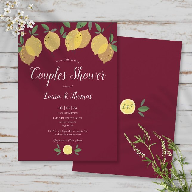 Par Möhippa Lemons Burgundy Inbjudningar (Couples Bridal Shower Lemons Burgundy Invitation)