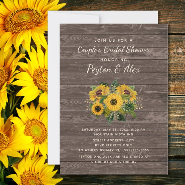 Par Möhippa Rustic Wood Solblommor Inbjudningar (Sunflowers on rustic wood couples bridal shower invitation)