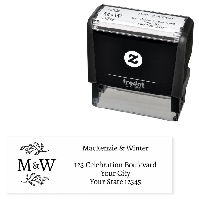 Par Monogram Elegant Bröllopsreturadress Självfärgande Stämpel (Modern wedding couple monogram leaf line art detail return address stamp)