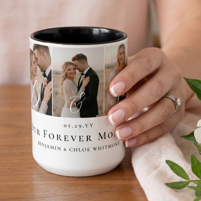 Par Monogram För Bröllopsfoto Collage Minnessak  Två-Tonad Mugg (Couple Wedding Photo Collate Keepsake Monogram Two-Tone Coffee Mug)