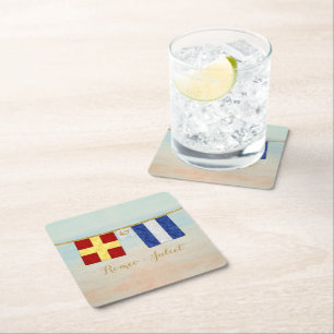 Par Monogram Maritime Signal Flaggor Watercolor Underlägg Papper Kvadrat