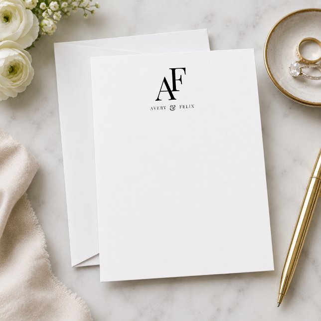 Par Monogram Svart och Vitt Elegant Enkelt Anteckningskort (Personalized monogram note cards with clean initials design for weddings, thank you notes, and more)