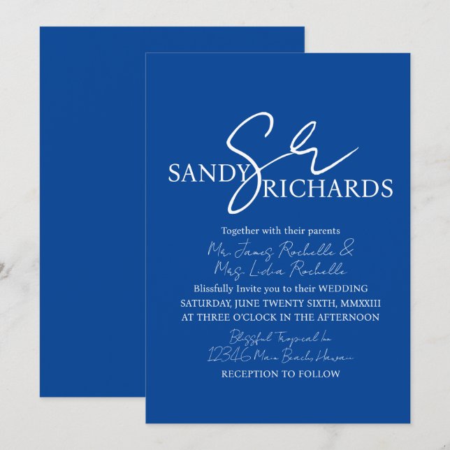Par Monogrammed blått skript Bröllop Inbjudningar (Fram/baksida)