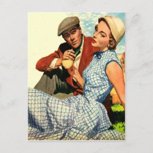 Par på picknick, vintage, valentine vykort