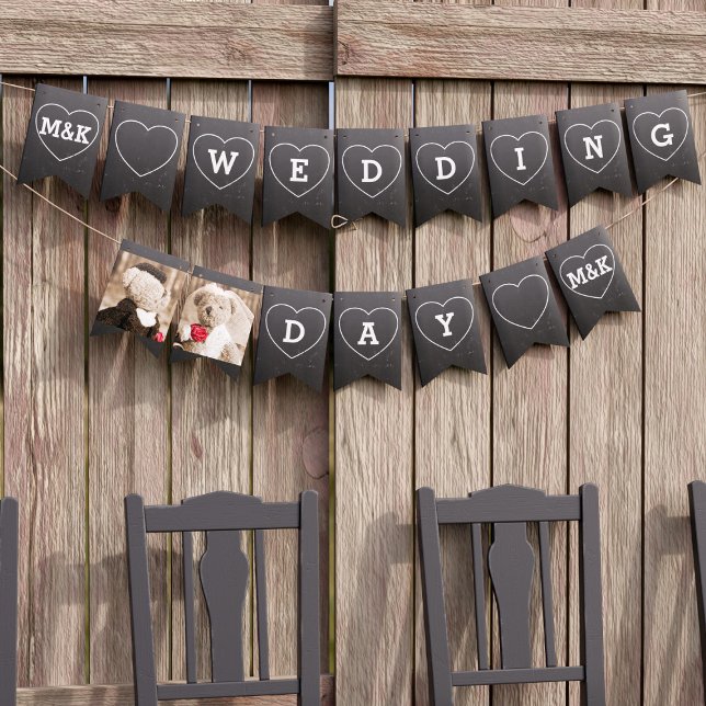 par Photo Faux Chalkboard Bröllop Bunting Flaggor (Just add your photos and initials)