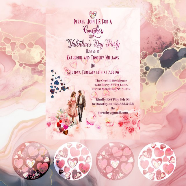 Par Rosa Blommigt Hjärtar Alla hjärtans dag i Part Inbjudningar (Couples Pink Floral Hearts Valentine's Day Party Invitation)