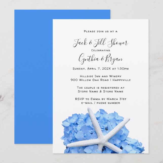 Par Shower Blue Hydrangea Starfish-inbjudan (Fram/baksida)