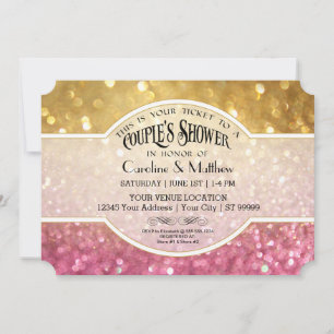 Par Shower Bokeh Movie Biljett Stil Guld Rosa Inbjudningar
