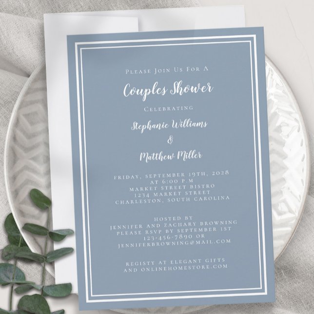Par Shower Bröllop Förlovning Dusty Blue White Inbjudningar (Couples Shower Wedding Engagement Dusty Blue White Invitation)