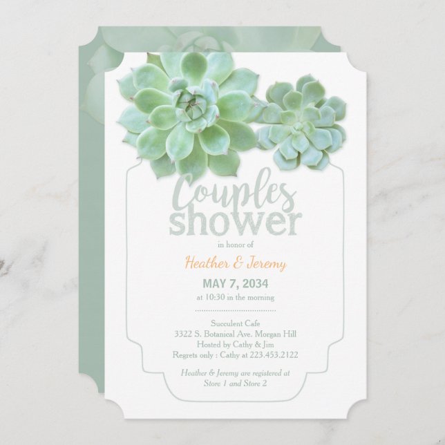 Par Shower för Lush Grönt Succulents Inbjudningar (Fram/baksida)