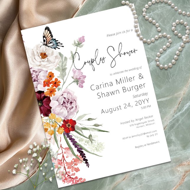 Par Shower för pastel & Burgundy Blooms Blommigt Inbjudningar (Pastel & Burgundy Blooms Floral Couples Shower Invitation)