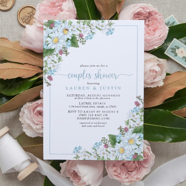 Par Shower för Rustic Dusty Blue Script Wildblomma Inbjudningar (Couples Shower Invitation!)