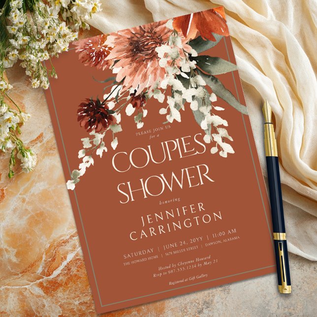 Par Shower för Rustic Terracotta Rust Flowers Inbjudningar (Rustic Terracotta Rust Flowers Couples Shower Invitation)