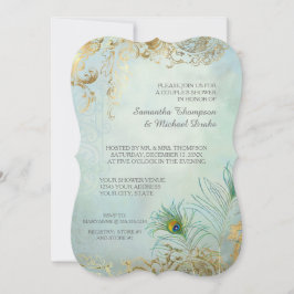 Par Shower Guld Löv Peacock Feathers Elegant Inbjudningar